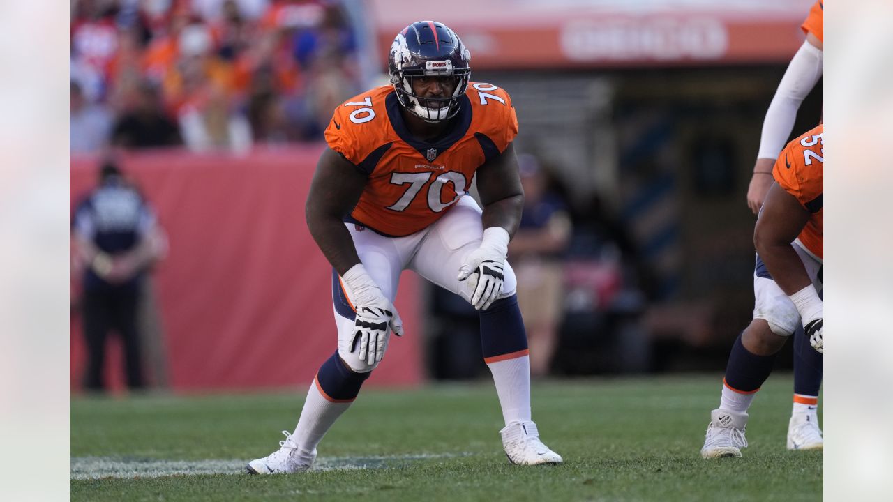 Denver Broncos offensive tackle Bobby Massie (70) gets set on the