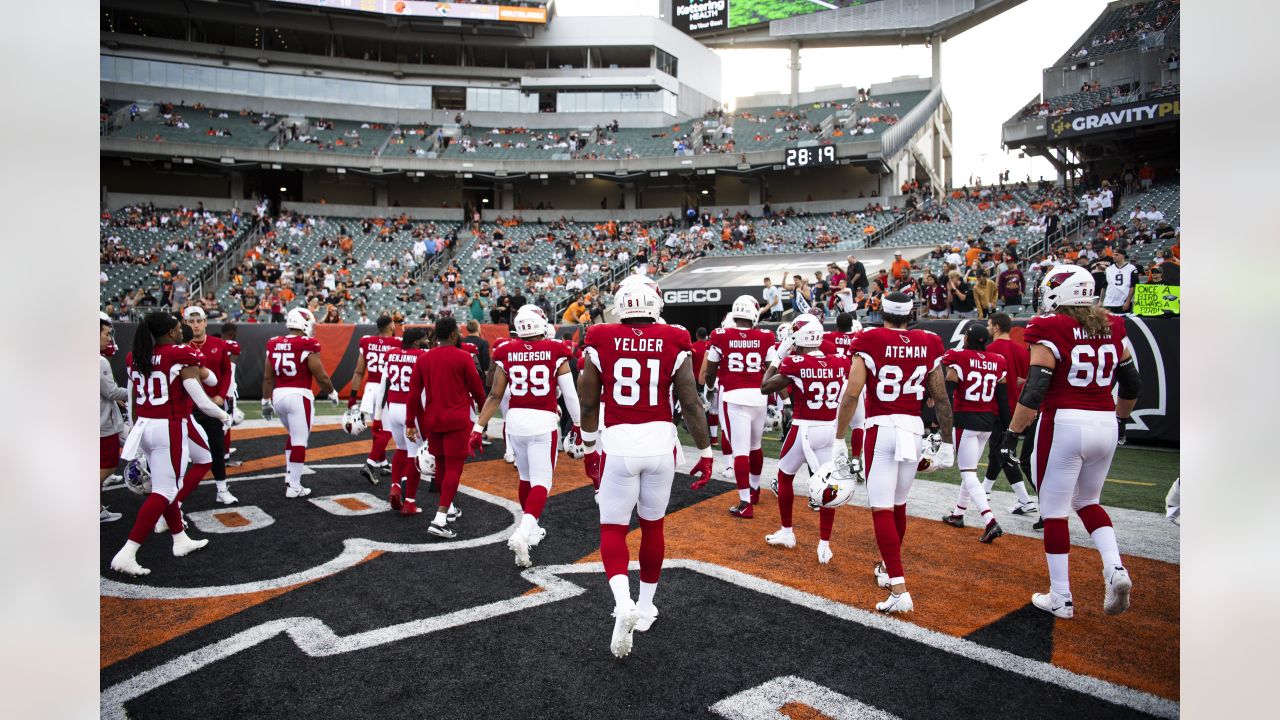 Arizona Cardinals defensive tackle Leki Fotu (95) looks up at a replay  during an NFL football game against the Cincinnati Bengals, Friday, Aug.  12, 2022, in Cincinnati. (AP Photo/Zach Bolinger Stock Photo - Alamy