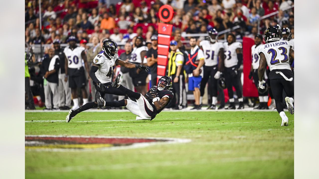 Wide receiver (85) Shemar Bridges of the Baltimore Ravens warms up before  playing against the Arizona Cardinals in an NFL preseason football game,  Sunday, Aug. 21, 2022, in Glendale, Ariz.(AP Photo/Jeff Lewis