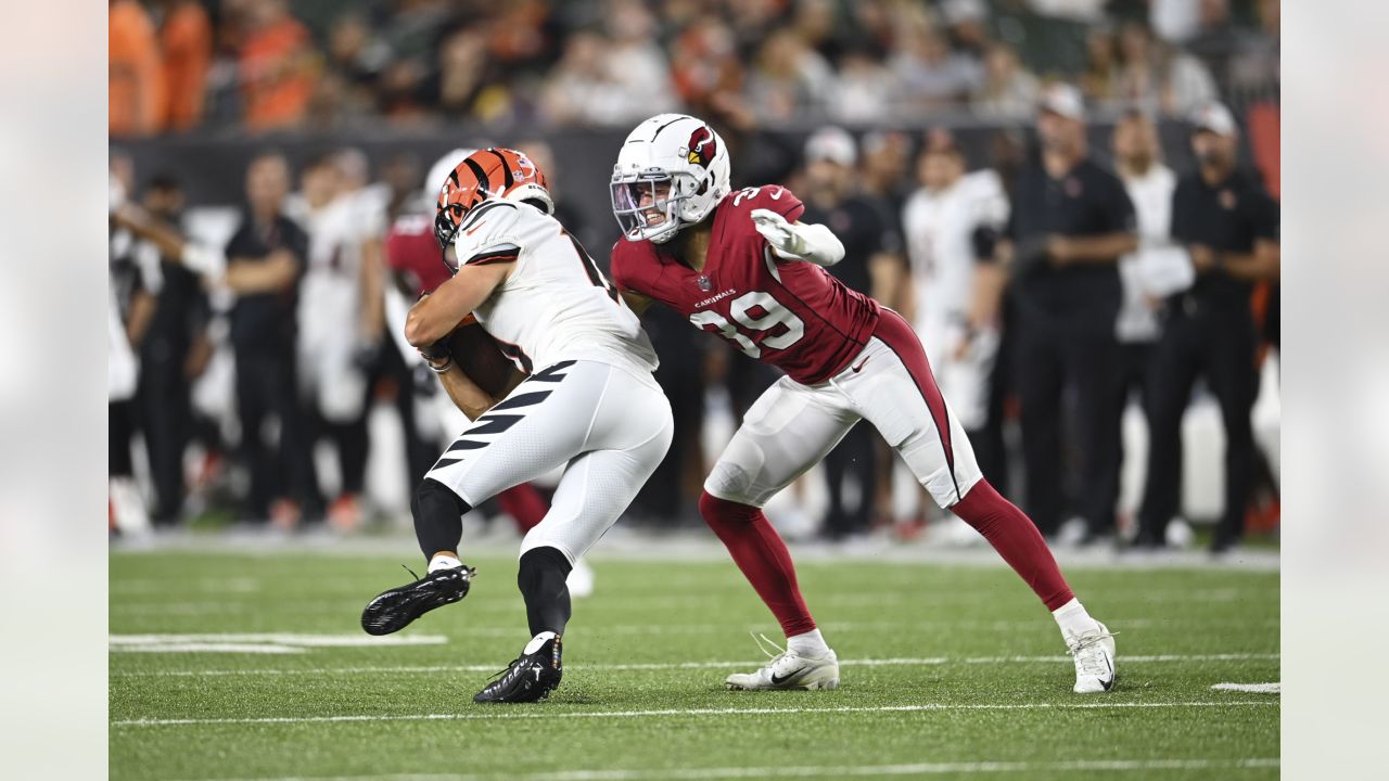 Arizona Cardinals defensive tackle Leki Fotu (95) looks up at a replay  during an NFL football game against the Cincinnati Bengals, Friday, Aug.  12, 2022, in Cincinnati. (AP Photo/Zach Bolinger Stock Photo - Alamy