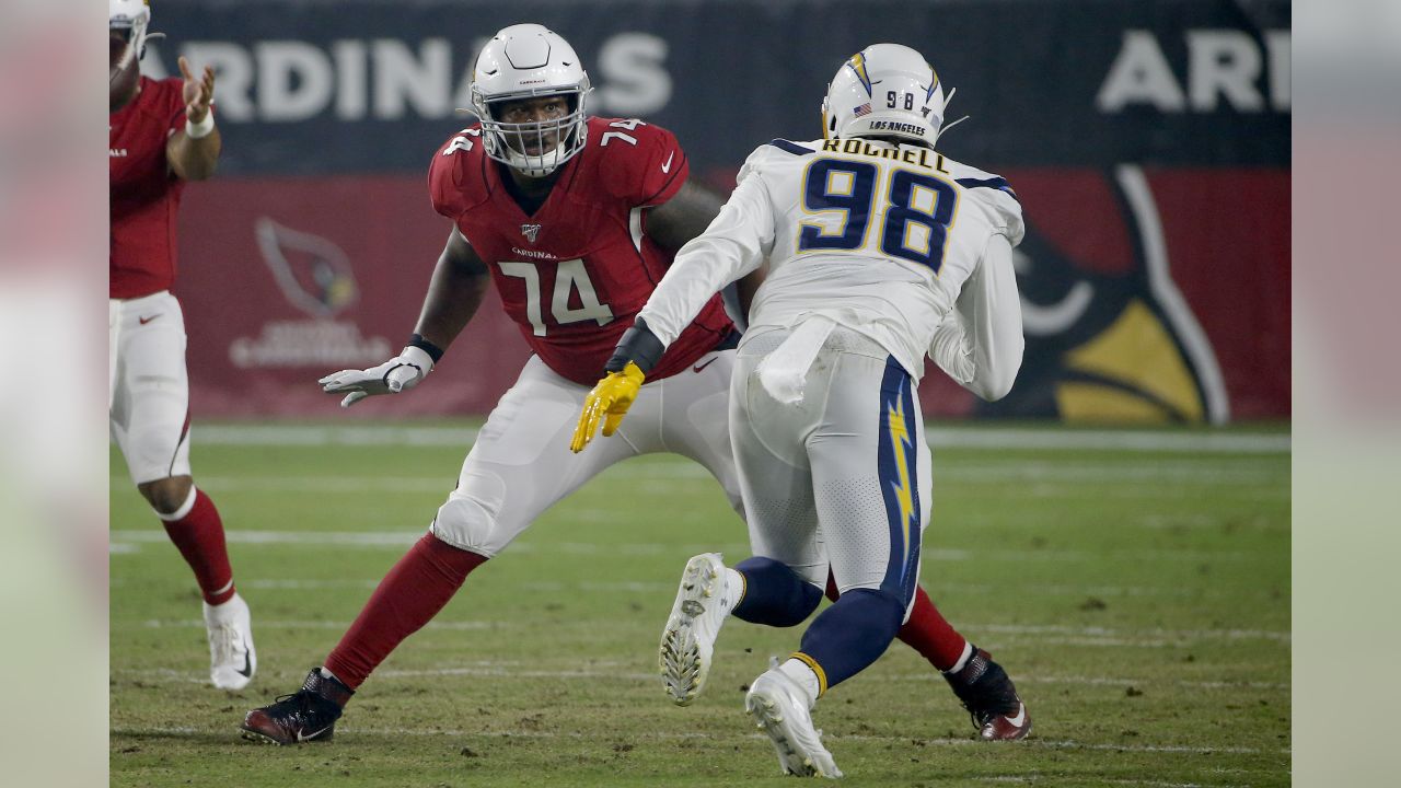 Los Angeles Chargers defensive end Isaac Rochell (98) blocks against the  Arizona Cardinals during the first half of an NFL preseason football game,  Thursday, Aug. 8, 2019, in Glendale, Ariz. (AP Photo/Ross