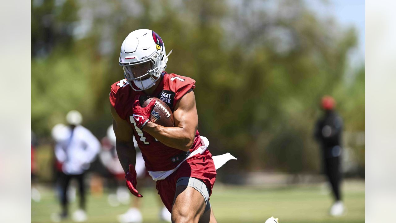 Arizona Cardinals wide receiver Greg Dortch runs with the football during  OTA practice at the NFL football team's training facility Thursday, June 1,  2023, in Tempe, Ariz. (AP Photo/Ross D. Franklin Stock