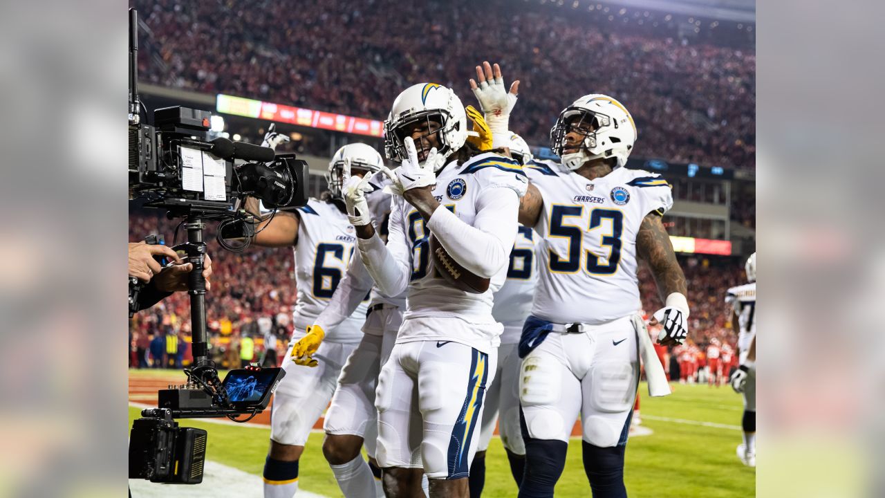 Los Angeles Chargers wide receiver Mike Williams (81) runs a route against  the Kansas City Chiefs during the first half of an NFL football game,  Sunday, Sept. 26, 2021 in Kansas City