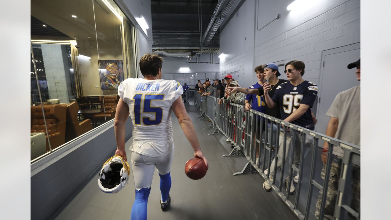 ATLANTA, GA – NOVEMBER 06: Los Angeles wide receiver Joshua Palmer (5)  warms up prior to the start of the NFL game between the Los Angeles Chargers  and the Atlanta Falcons on