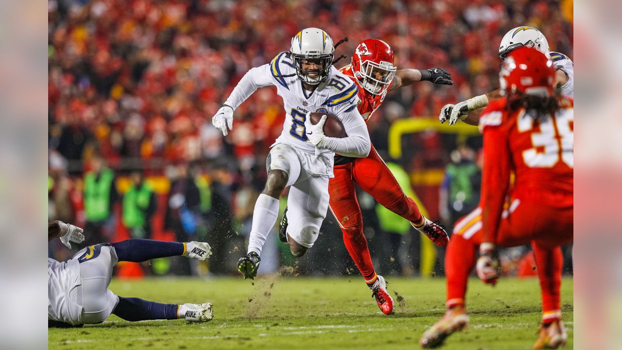 Los Angeles Chargers wide receiver Mike Williams (81) runs a route against  the Kansas City Chiefs during the first half of an NFL football game,  Sunday, Sept. 26, 2021 in Kansas City