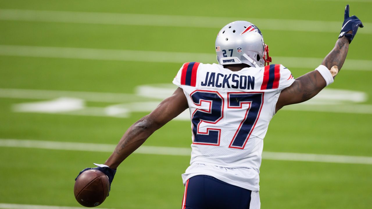 New England Patriots cornerback J.C. Jackson (27) celebrates his