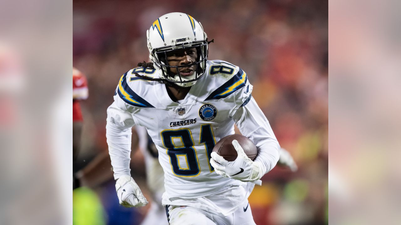 Los Angeles Chargers wide receiver Mike Williams (81) runs a route against  the Kansas City Chiefs during the first half of an NFL football game,  Sunday, Sept. 26, 2021 in Kansas City