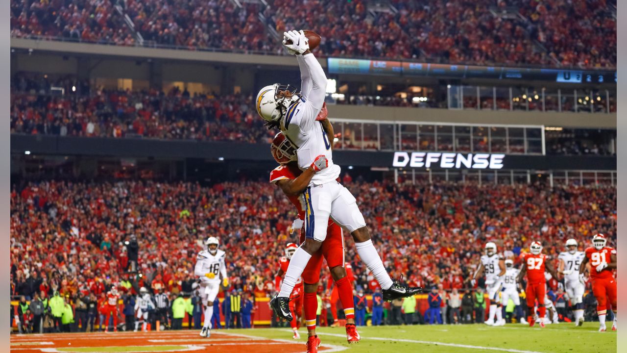 Los Angeles Chargers wide receiver Mike Williams (81) runs a route against  the Kansas City Chiefs during the first half of an NFL football game,  Sunday, Sept. 26, 2021 in Kansas City