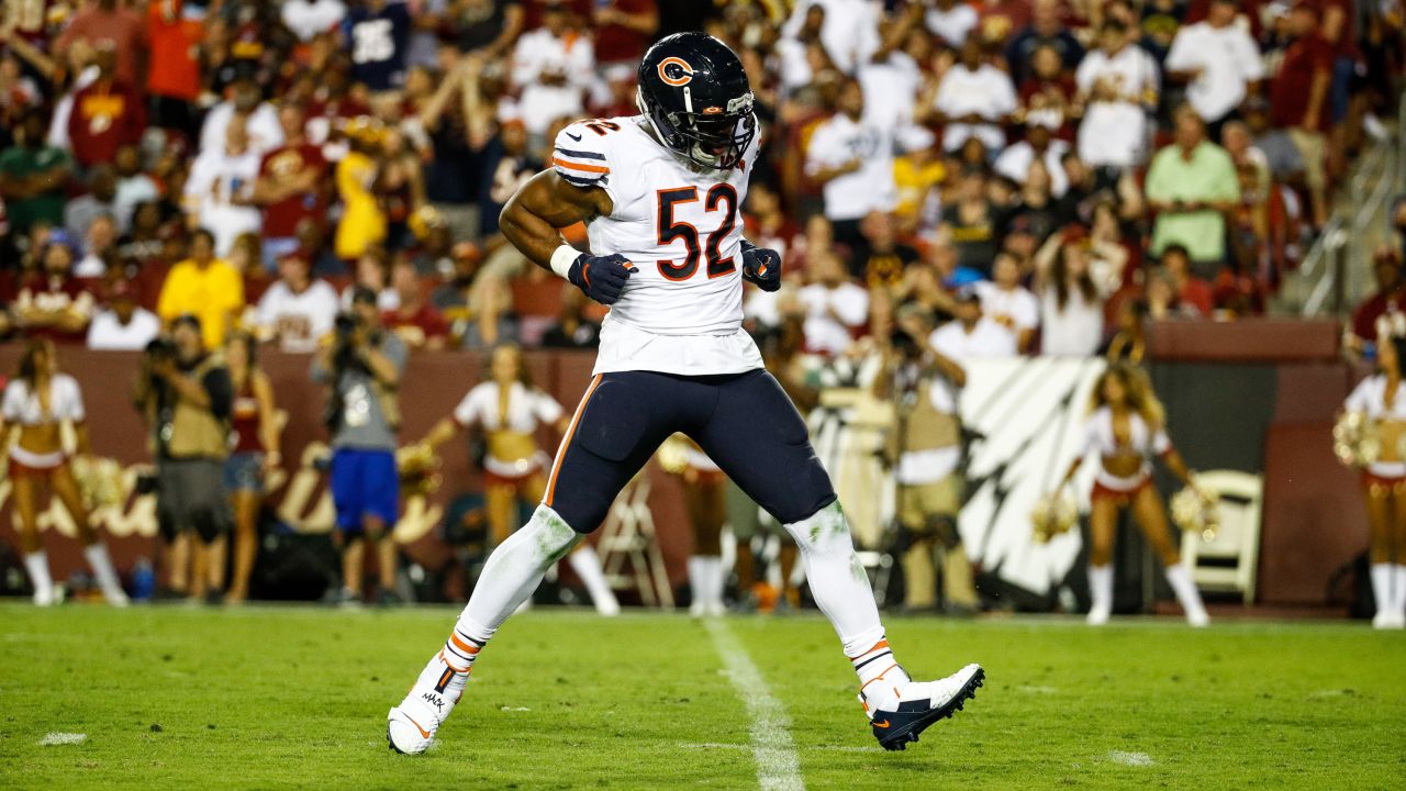 Chicago Bears outside linebacker Khalil Mack (52) celebrates after sacking  Las Vegas Raiders qu …