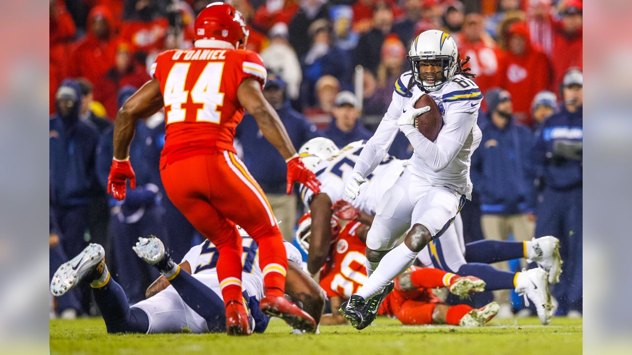 Los Angeles Chargers wide receiver Mike Williams (81) runs a route against  the Kansas City Chiefs during the first half of an NFL football game,  Sunday, Sept. 26, 2021 in Kansas City