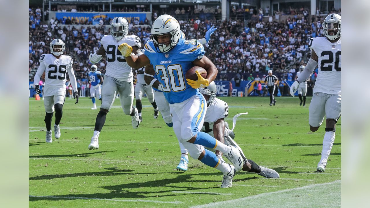 October 07, 2018 Los Angeles Chargers tight end Virgil Green (88)  celebrates after scoring a touchdown during the football game between the  Oakland Raiders and the Los Angeles Chargers at the StubHub