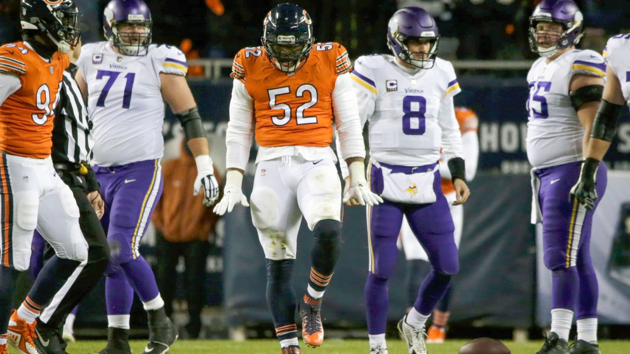 Chicago Bears outside linebacker Leonard Floyd (94) celebrates after  sacking Green Bay Packers quarterback Aaron Rodgers (12) during the second  half of an NFL football game Sunday, Dec. 16, 2018, in Chicago. (