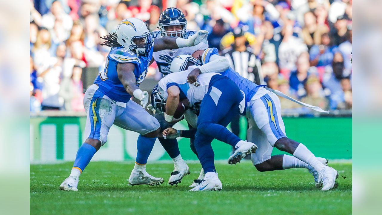 London, UK. 21 October 2018. Chargers fans and the military. Tennessee  Titans at Los Angeles Chargers NFL game at Wembley Stadium, the second of  the NFL London 2018 games. Final score 