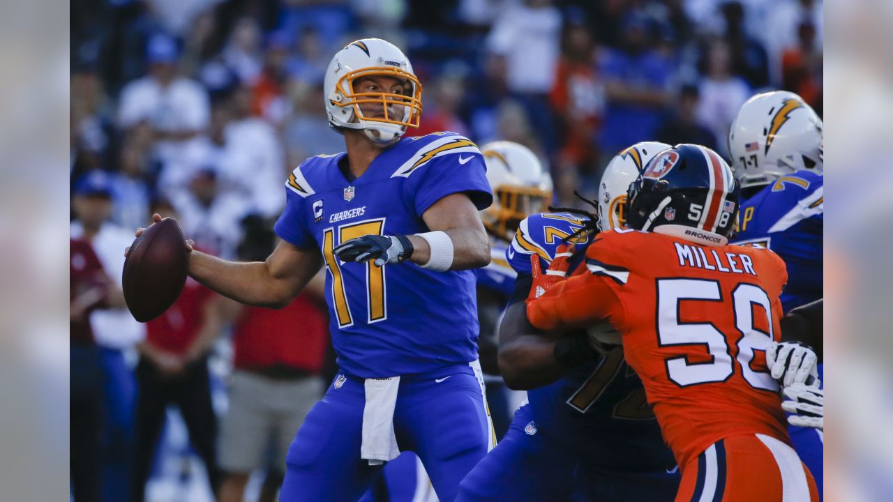 San Diego Chargers defensive end Joey Bosa (99) works against Denver  Broncos tight end John Phillips during the second half of an NFL football  game Thursday, Oct. 13, 2016, in San Diego. (