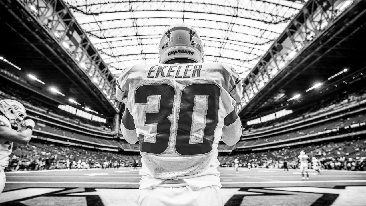 Los Angeles Chargers defensive back J.C. Jackson (27) lines up for the snap  during an NFL football game against the Houston Texans on Sunday, October  2, 2022, in Houston. (AP Photo/Matt Patterson