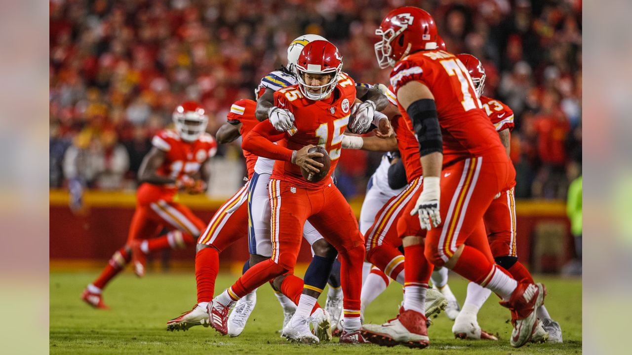 Kansas City, United States. 24th Dec, 2022. Kansas City Chiefs quarterback  Patrick Mahomes (15) stretches for a touchdown in the third quarter at  Arrowhead Stadium in Kansas City, Missouri on Saturday, December