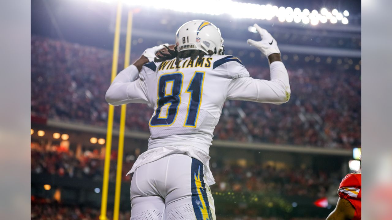 Los Angeles Chargers wide receiver Mike Williams (81) runs a route against  the Kansas City Chiefs during the first half of an NFL football game,  Sunday, Sept. 26, 2021 in Kansas City