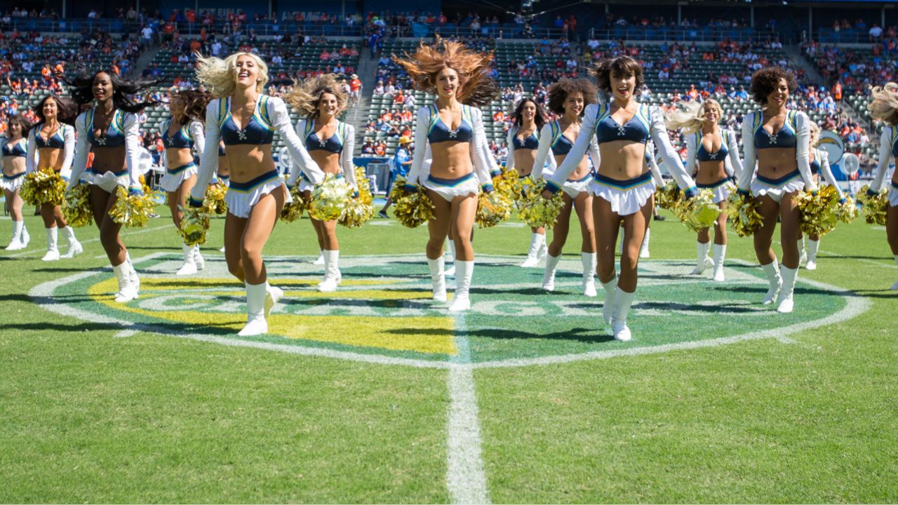 Los Angeles Chargers cheerleaders in the end zone during a break