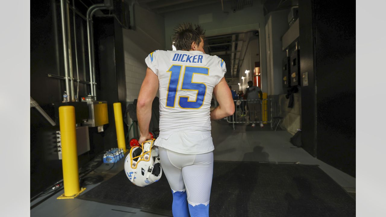 ATLANTA, GA - NOVEMBER 06: Los Angeles Chargers place kicker Cameron Dicker  (15) kicks a filed goal during the Sunday afternoon NFL game between the  Atlanta Falcons and the Los Angeles Chargers