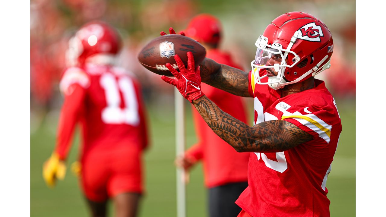 Kansas City Chiefs safety Nazeeh Johnson stretches during the NFL