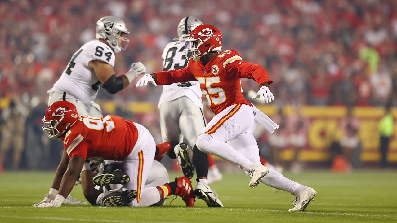 Las Vegas Raiders vs. Kansas City Chiefs. NFL Game. American Football  League match. Silhouette of professional player celebrate touch down.  Screen in Stock Photo - Alamy