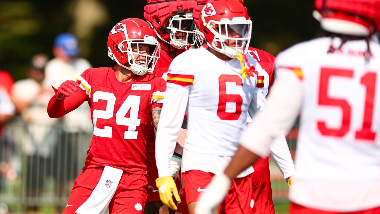 Kansas City Chiefs cornerback Trent McDuffie catches a ball during NFL  football training camp Friday, Aug. 4, 2023, in St. Joseph, Mo. (AP  Photo/Charlie Riedel Stock Photo - Alamy