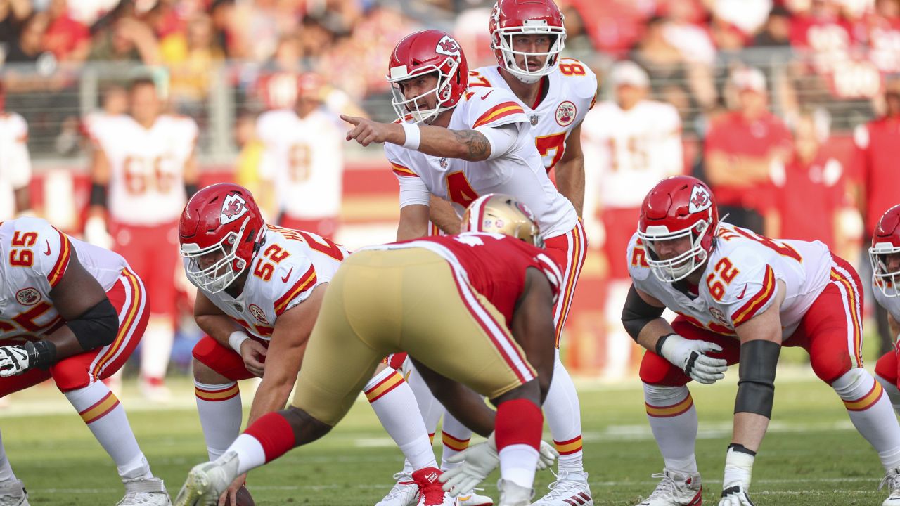 FILE - In this Saturday, Aug. 14, 2021, file photo, San Francisco 49ers  Dakoda Shepley (61) looks to block during an NFL football game against the  Kansas City Chiefs in Santa Clara