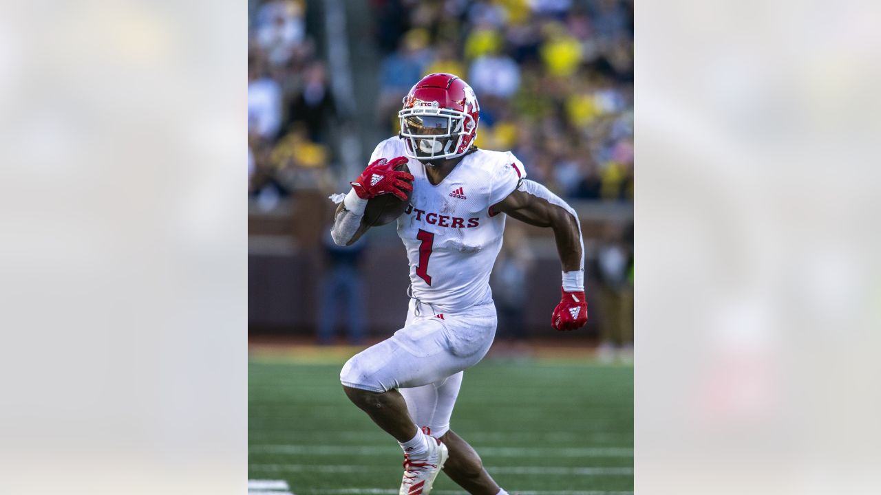 East running back Isaih Pacheco, of Rutgers, (1) smiles during the