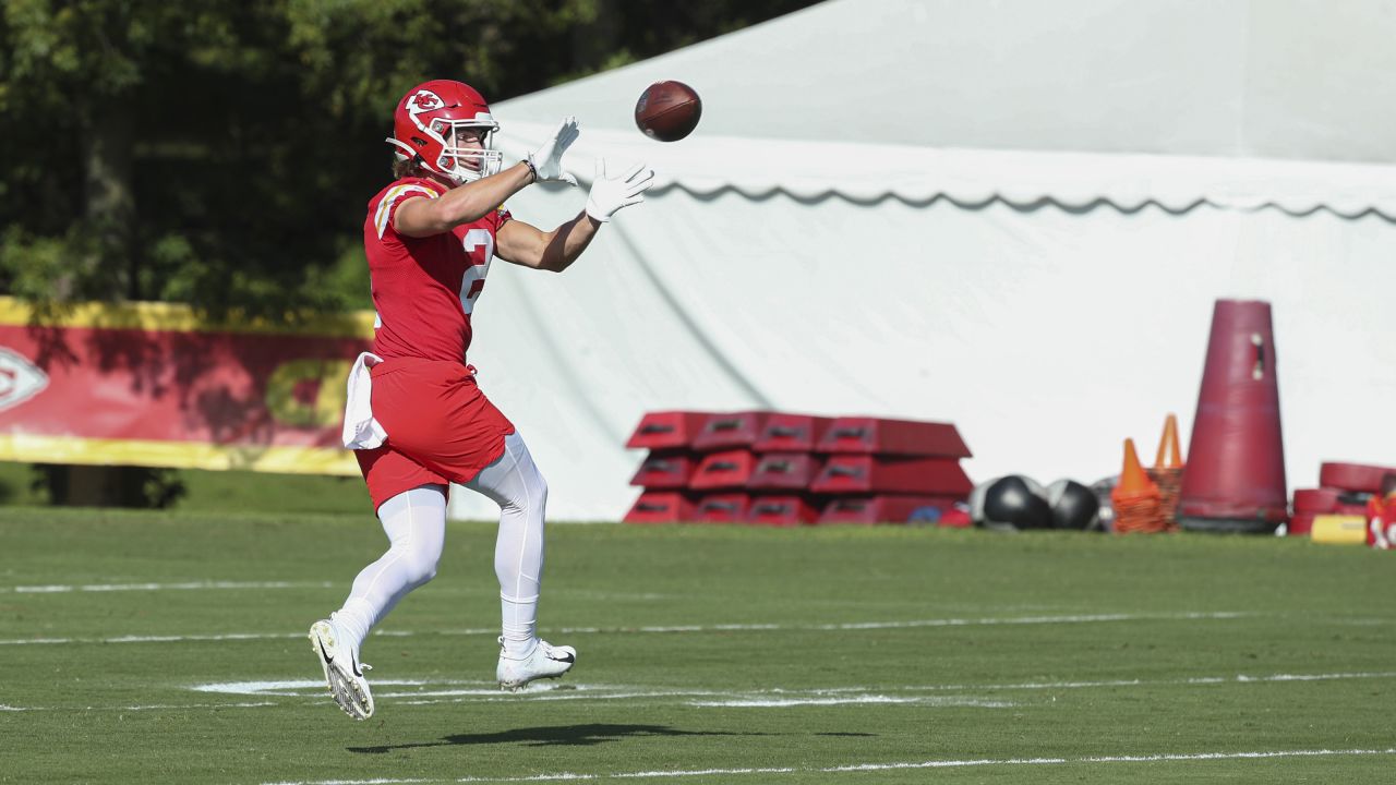 ST. JOSEPH, MO - AUGUST 07: Kansas City Chiefs wide receiver Cornell Powell  (14) runs with the ball during training camp on August 7, 2022 at Missouri  Western State University in St.