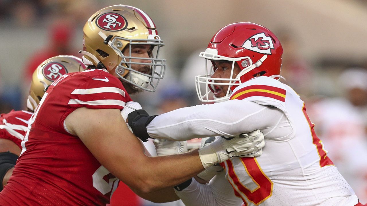 FILE - In this Saturday, Aug. 14, 2021, file photo, San Francisco 49ers  Dakoda Shepley (61) looks to block during an NFL football game against the  Kansas City Chiefs in Santa Clara