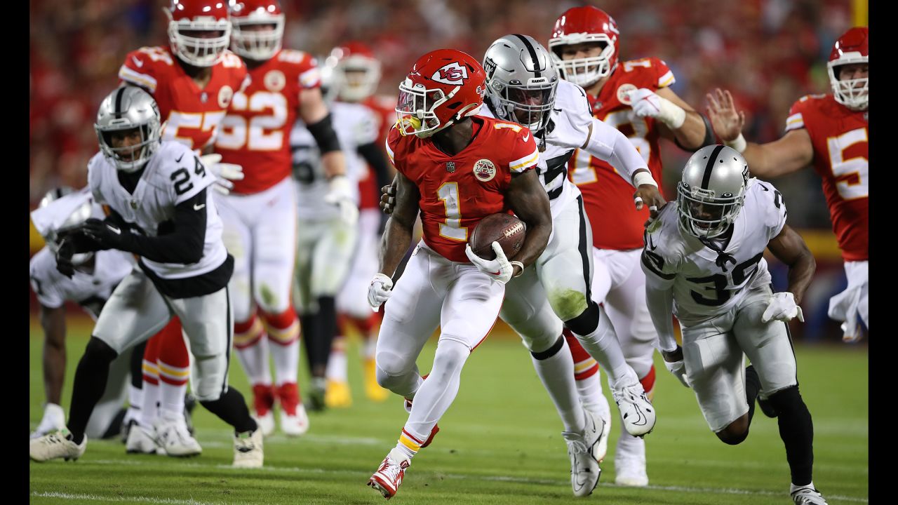 Las Vegas Raiders vs. Kansas City Chiefs. NFL Game. American Football  League match. Silhouette of professional player celebrate touch down.  Screen in Stock Photo - Alamy