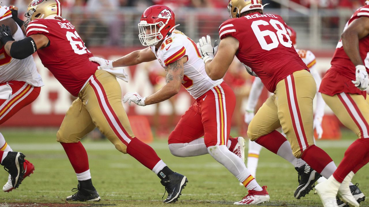 FILE - In this Saturday, Aug. 14, 2021, file photo, San Francisco 49ers  Dakoda Shepley (61) looks to block during an NFL football game against the  Kansas City Chiefs in Santa Clara