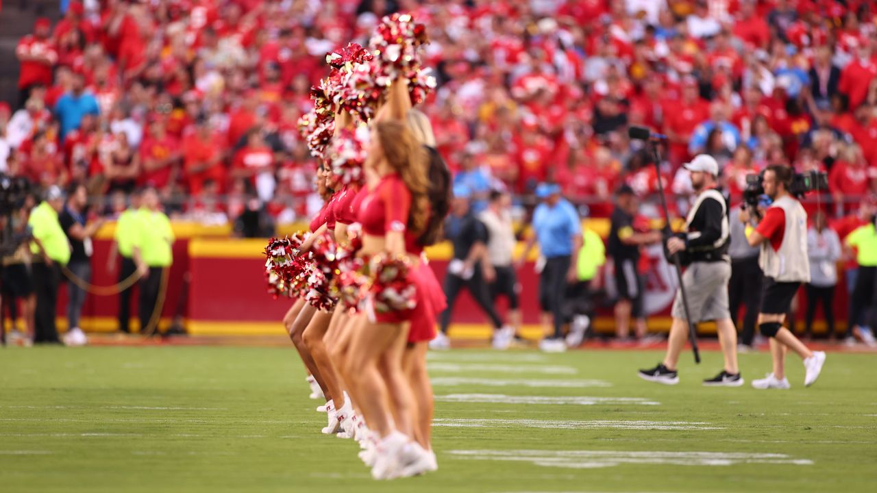 The Kansas City Chiefs cheerleaders come onto the field during  introductions before an NFL football game against the Los Angeles Chargers,  Thursday, Sept. 15, 2022 in Kansas City, Mo. (AP Photo/Reed Hoffmann