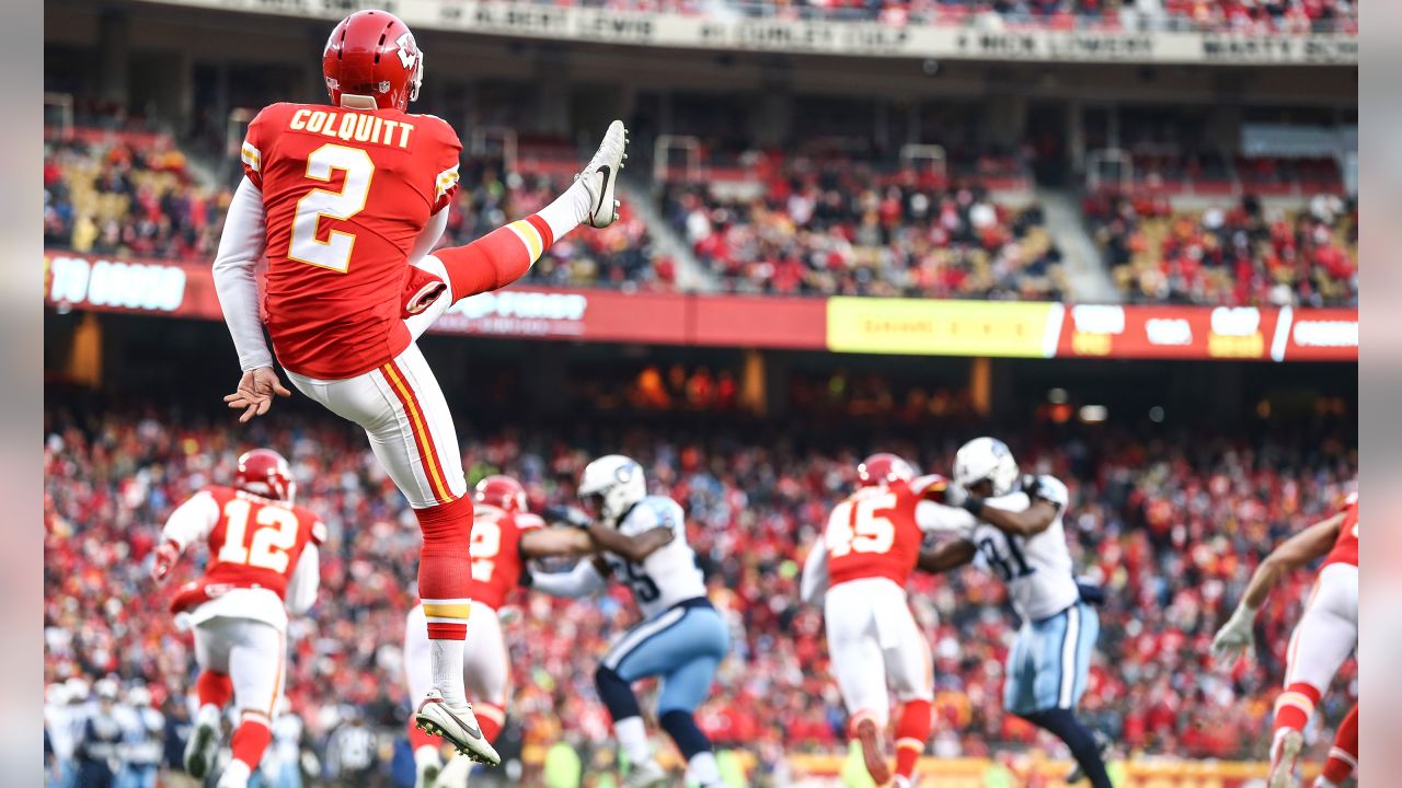 Kansas City Chiefs punter Dustin Colquitt wears a Salute to Service military  appreciation logo on his helmet before an NFL football game against the  Tennessee Titans Sunday, Nov. 10, 2019, in Nashville