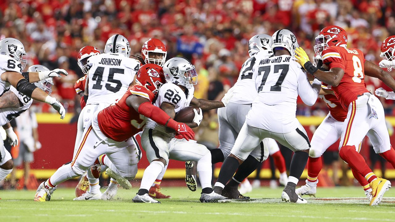 Las Vegas Raiders vs. Kansas City Chiefs. NFL Game. American Football  League match. Silhouette of professional player celebrate touch down.  Screen in Stock Photo - Alamy