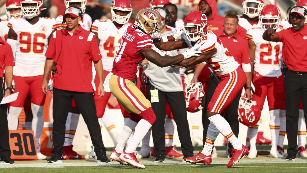 FILE - In this Saturday, Aug. 14, 2021, file photo, San Francisco 49ers  Dakoda Shepley (61) looks to block during an NFL football game against the  Kansas City Chiefs in Santa Clara