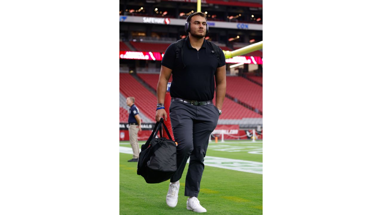 Kansas City Chiefs center Creed Humphrey (52) sits on the bench against the  Arizona Cardinals during the first half of an NFL pre-season football game,  Saturday, Aug. 21, 2023, in Glendale, Ariz. (