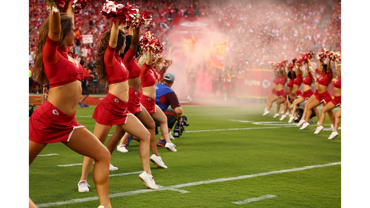 The Kansas City Chiefs cheerleaders come onto the field during  introductions before an NFL football game against the Los Angeles Chargers,  Thursday, Sept. 15, 2022 in Kansas City, Mo. (AP Photo/Reed Hoffmann