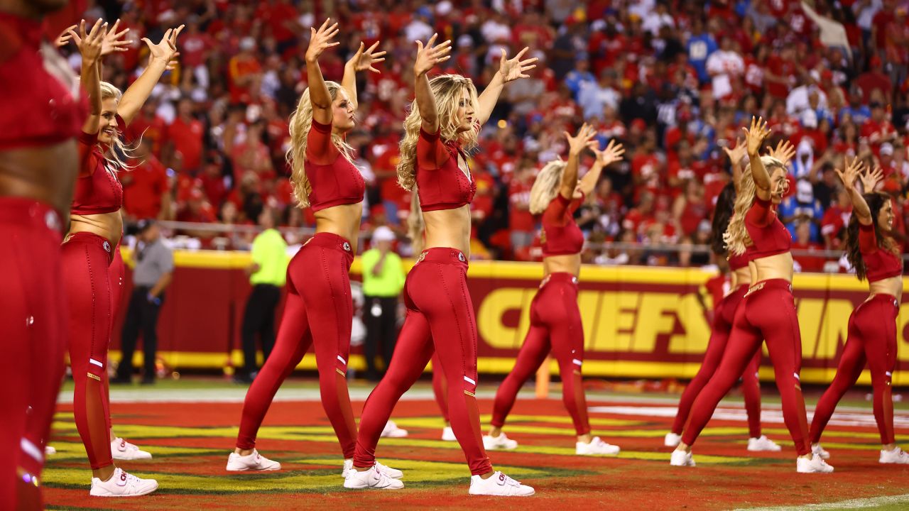 The Kansas City Chiefs cheerleaders come onto the field during  introductions before an NFL football game against the Los Angeles Chargers,  Thursday, Sept. 15, 2022 in Kansas City, Mo. (AP Photo/Reed Hoffmann