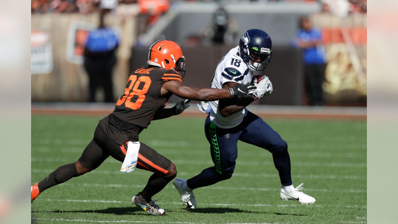 Seattle Seahawks wide receiver Jaron Brown, (18) celebrates with wide  receiver David Moore (83) after Brown caught a pass for a touchdown during  the second half of an NFL football game against