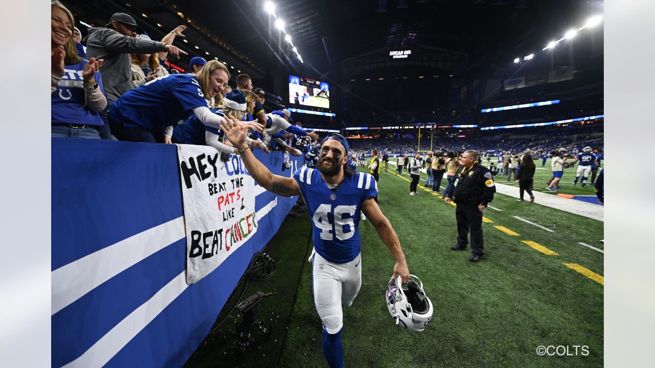 AFC long snapper Luke Rhodes of the Indianapolis Colts (46) looks out  during the singing of the national anthem before the Pro Bowl NFL football  game, Sunday, Feb. 6, 2022, in Las