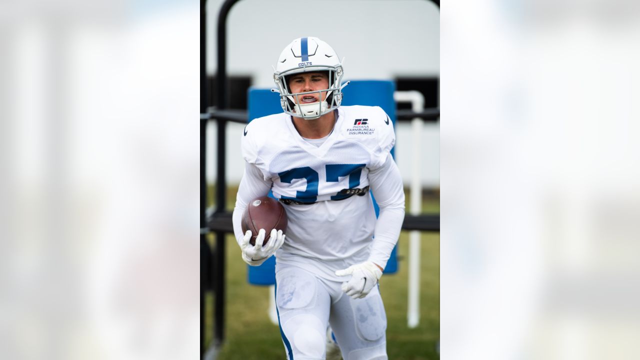 Indianapolis Colts running back Jake Funk (37) runs with the ball during  the first half an NFL preseason football game against the Buffalo Bills in  Orchard Park, N.Y., Saturday, Aug. 12, 2023. (