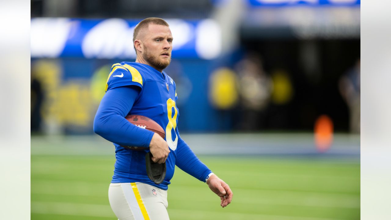 Los Angeles Rams place kicker Matt Gay (8) warms up before an NFL