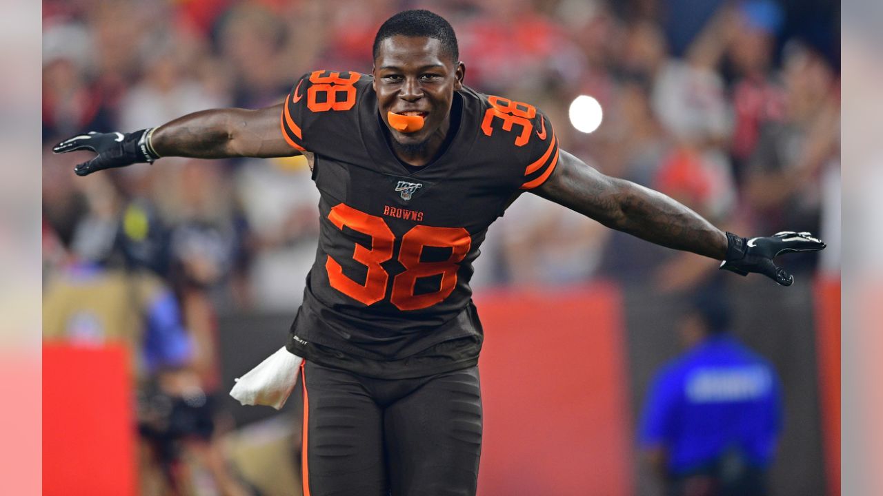 Cleveland Browns defensive back T.J. Carrie is introduced before