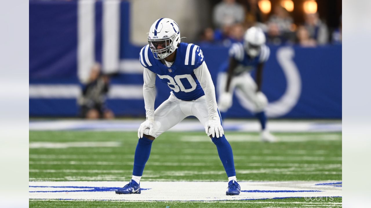 Indianapolis Colts safety George Odum (30) drops into coverage during an  NFL football game against the Tampa Bay Buccaneers, Sunday, Nov. 28, 2021,  in Indianapolis. (AP Photo/Zach Bolinger Stock Photo - Alamy