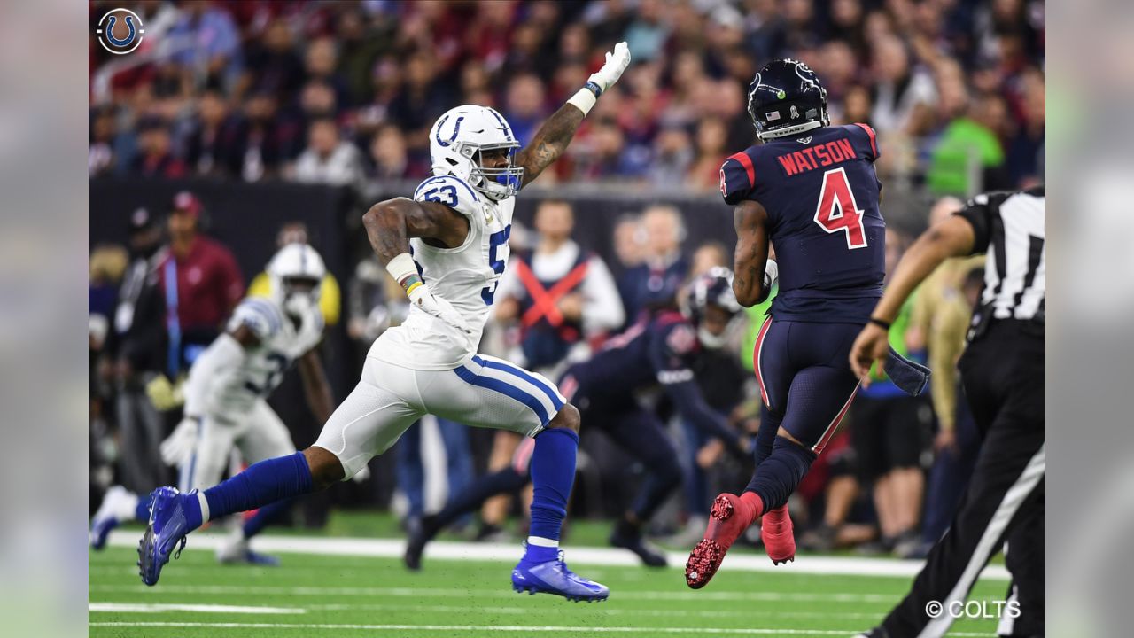 Indianapolis Colts linebacker Darius Leonard (53) celebrates after a  turnover during an NFL football game against the Houston Texans, Sunday,  Oct. 17, 2021, in Indianapolis. (AP Photo/Zach Bolinger Stock Photo - Alamy