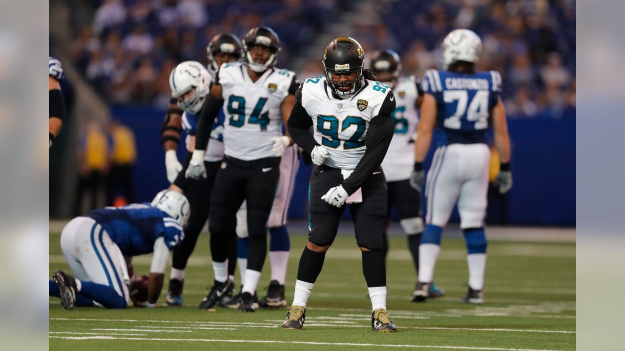 Indianapolis Colts defensive tackle Tyquan Lewis (94) warms up before an  NFL football game against the