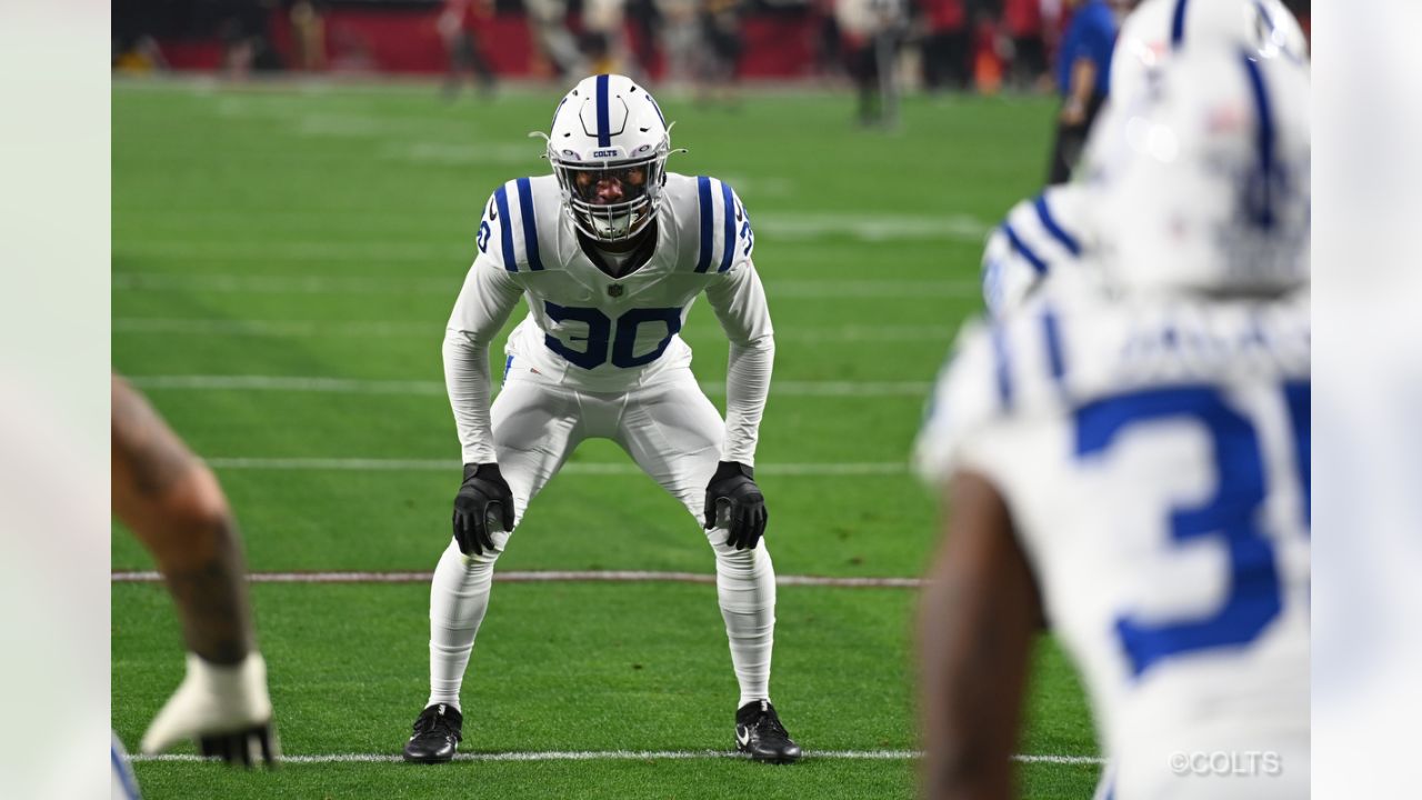 Indianapolis Colts safety George Odum (30) drops into coverage during an  NFL football game against the Tampa Bay Buccaneers, Sunday, Nov. 28, 2021,  in Indianapolis. (AP Photo/Zach Bolinger Stock Photo - Alamy