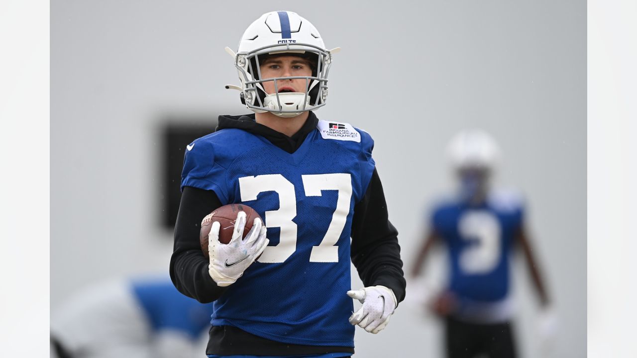 Indianapolis Colts running back Jake Funk (37) runs with the ball during  the first half an NFL preseason football game against the Buffalo Bills in  Orchard Park, N.Y., Saturday, Aug. 12, 2023. (