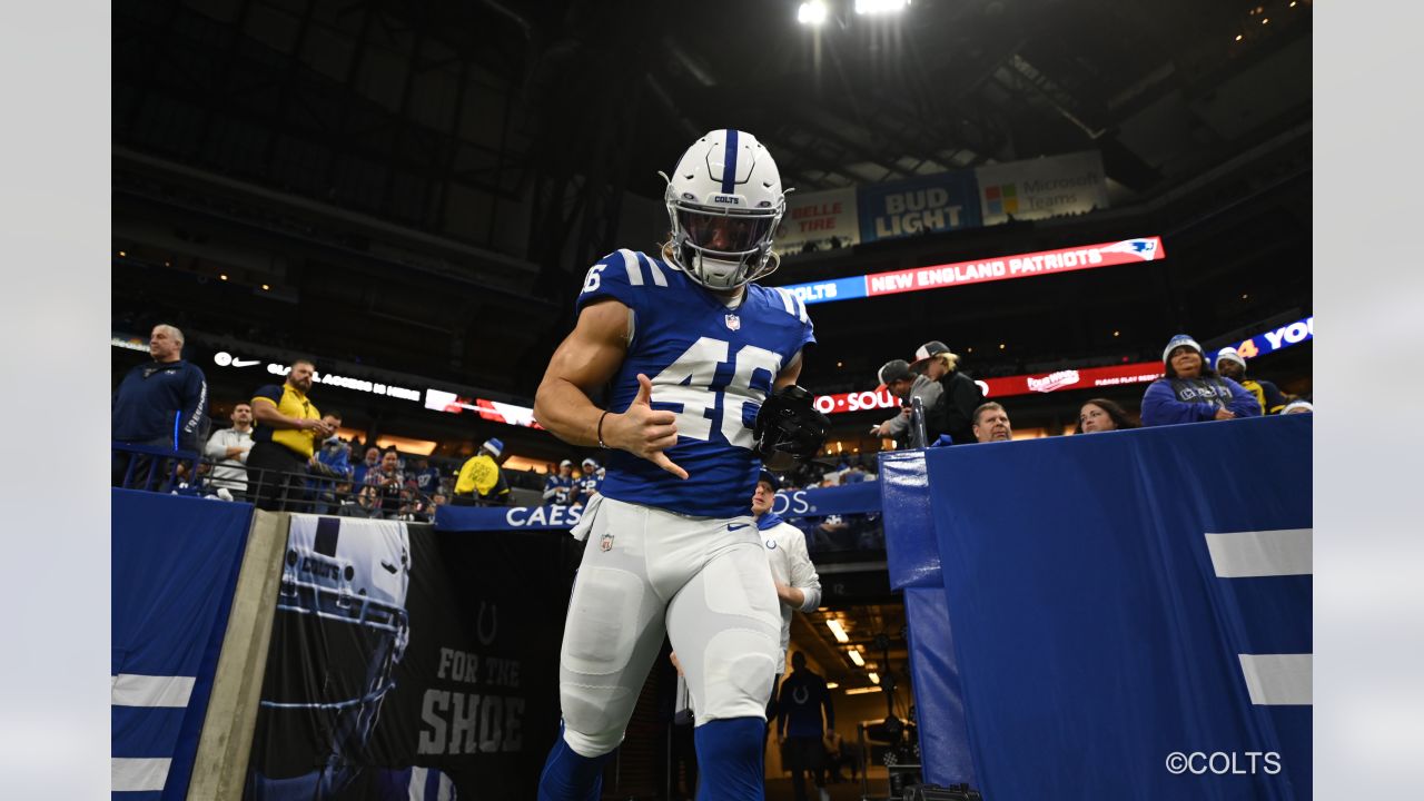 AFC long snapper Luke Rhodes of the Indianapolis Colts (46) looks out  during the singing of the national anthem before the Pro Bowl NFL football  game, Sunday, Feb. 6, 2022, in Las